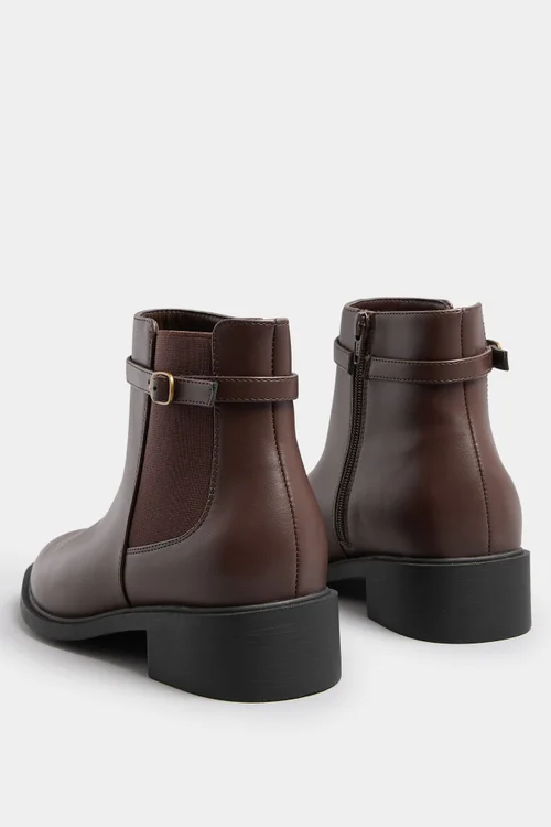 Yours Chocolate Brown Faux Leather Buckle Stretch Ankle Boots In Extra Wide EEE Fit - 5 Extra Wide Image 4