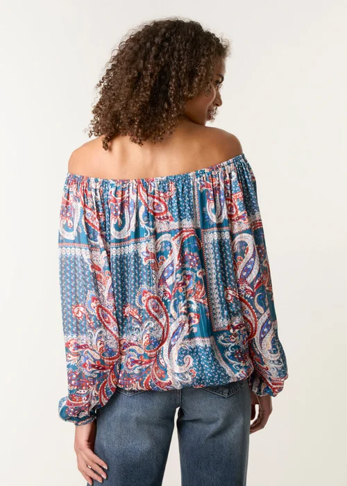 Blue Vanilla Turquoise Paisley Printed Bardot Puff Ball Blouse - Medium Image 4