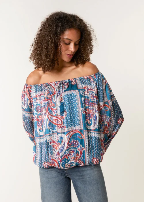 Blue Vanilla Turquoise Paisley Printed Bardot Puff Ball Blouse - Medium Image 2