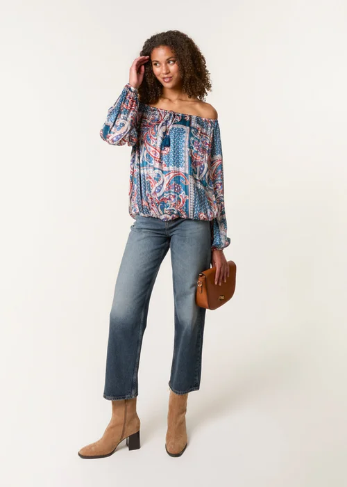 Blue Vanilla Turquoise Paisley Printed Bardot Puff Ball Blouse - Medium Image 1