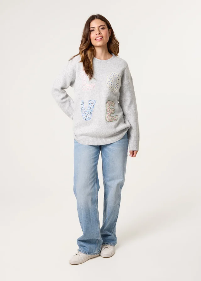 Blue Vanilla Grey Embroidered Love Design Jumper