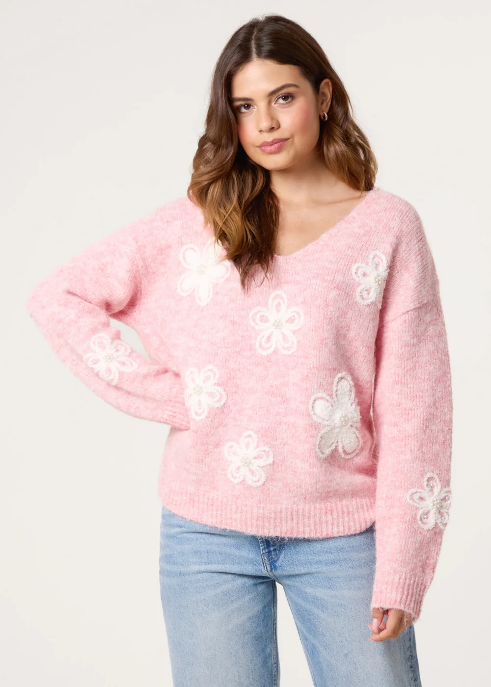 Blue Vanilla Pink V Neck Flower And Pearl Jumper - Small/Medium Image 1