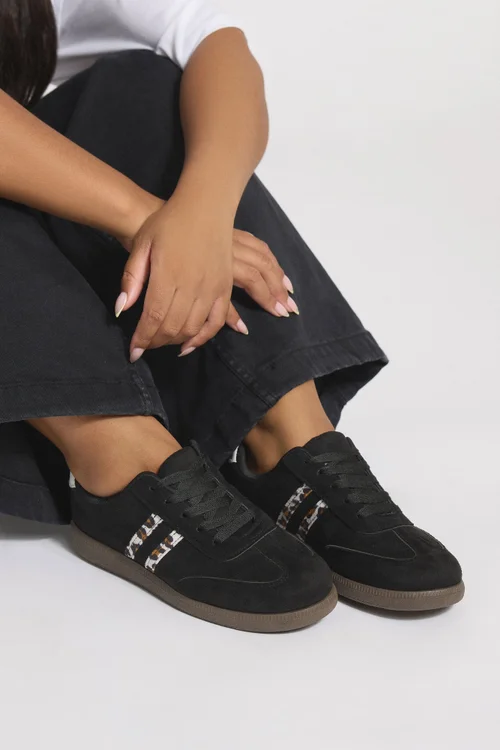 Yours Black Retro Leopard Stripe Trainers In Extra Wide EEE Fit - 5 Extra Wide Image 1