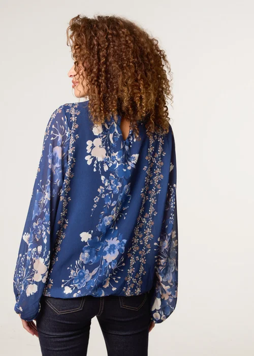 Blue Vanilla Navy High Neck Puffball Floral Blouse - Medium/Large Image 4