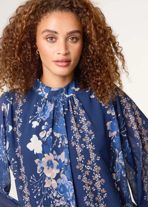 Blue Vanilla Navy High Neck Puffball Floral Blouse - Medium/Large Image 3