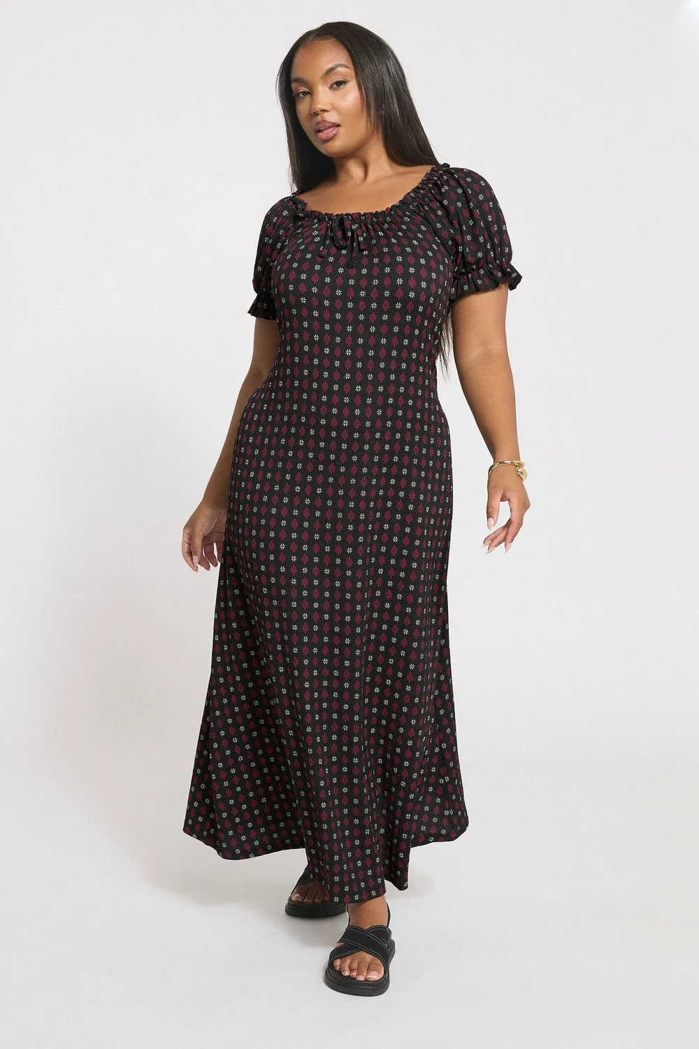 Yours Curve Black Ditsy Textured Milkmaid Dress - 22-24 Image 1