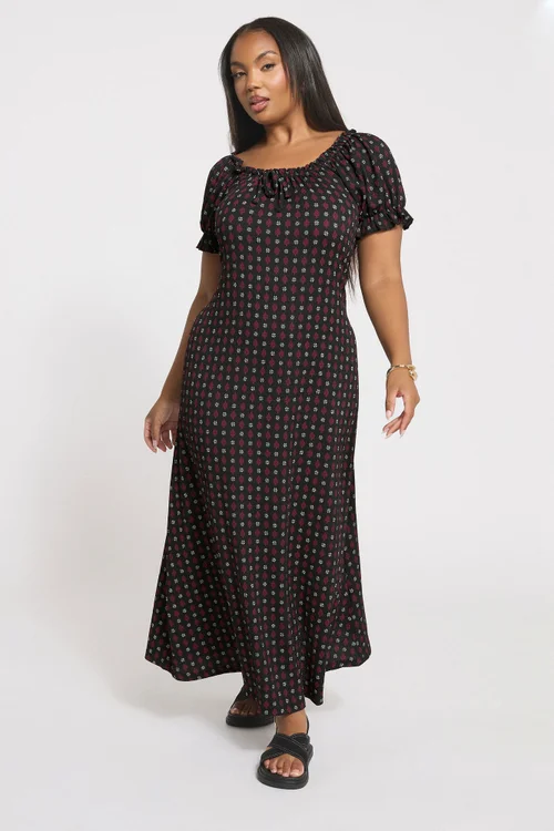 Yours Curve Black Ditsy Textured Milkmaid Dress - 22-24 Image 1