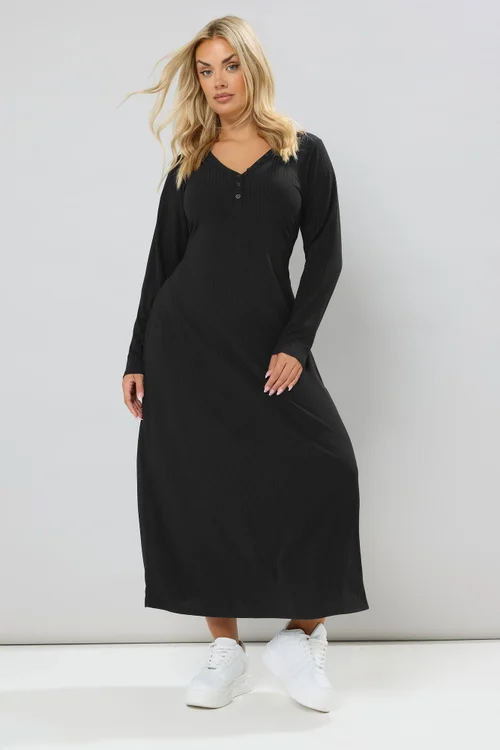 Yours Curve Black Ribbed Henley Maxi Dress - 20 Image 2