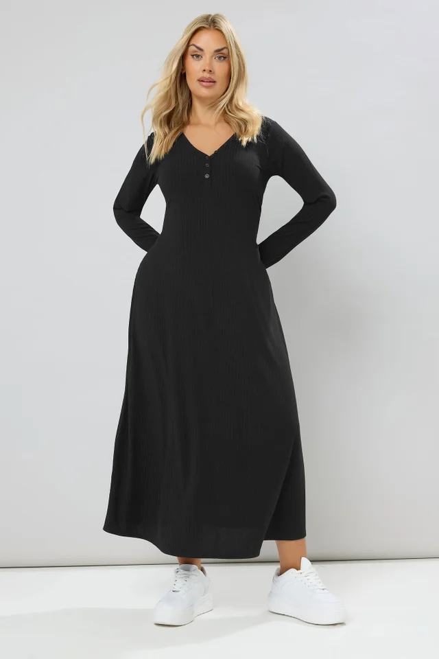 Yours Curve Black Ribbed Henley Maxi Dress