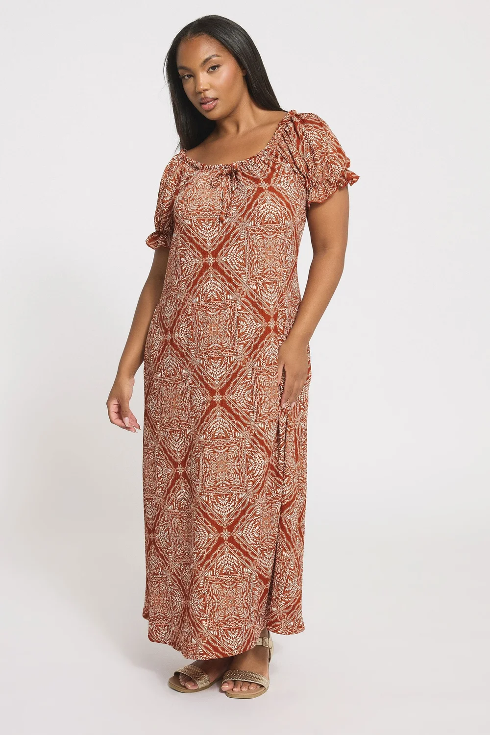 Yours Curve Rust Brown Paisley Textured Milkmaid Dress - 22-24 Image 2