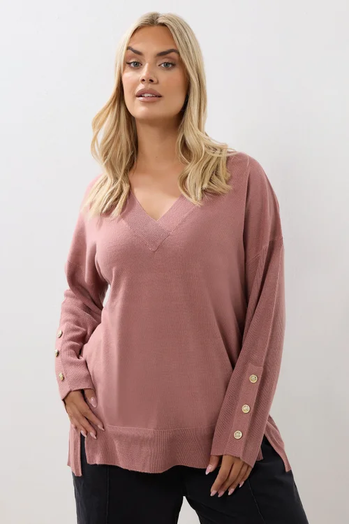 Yours Curve Light Pink Button V-Neck Jumper - Size 14-16 Image 1