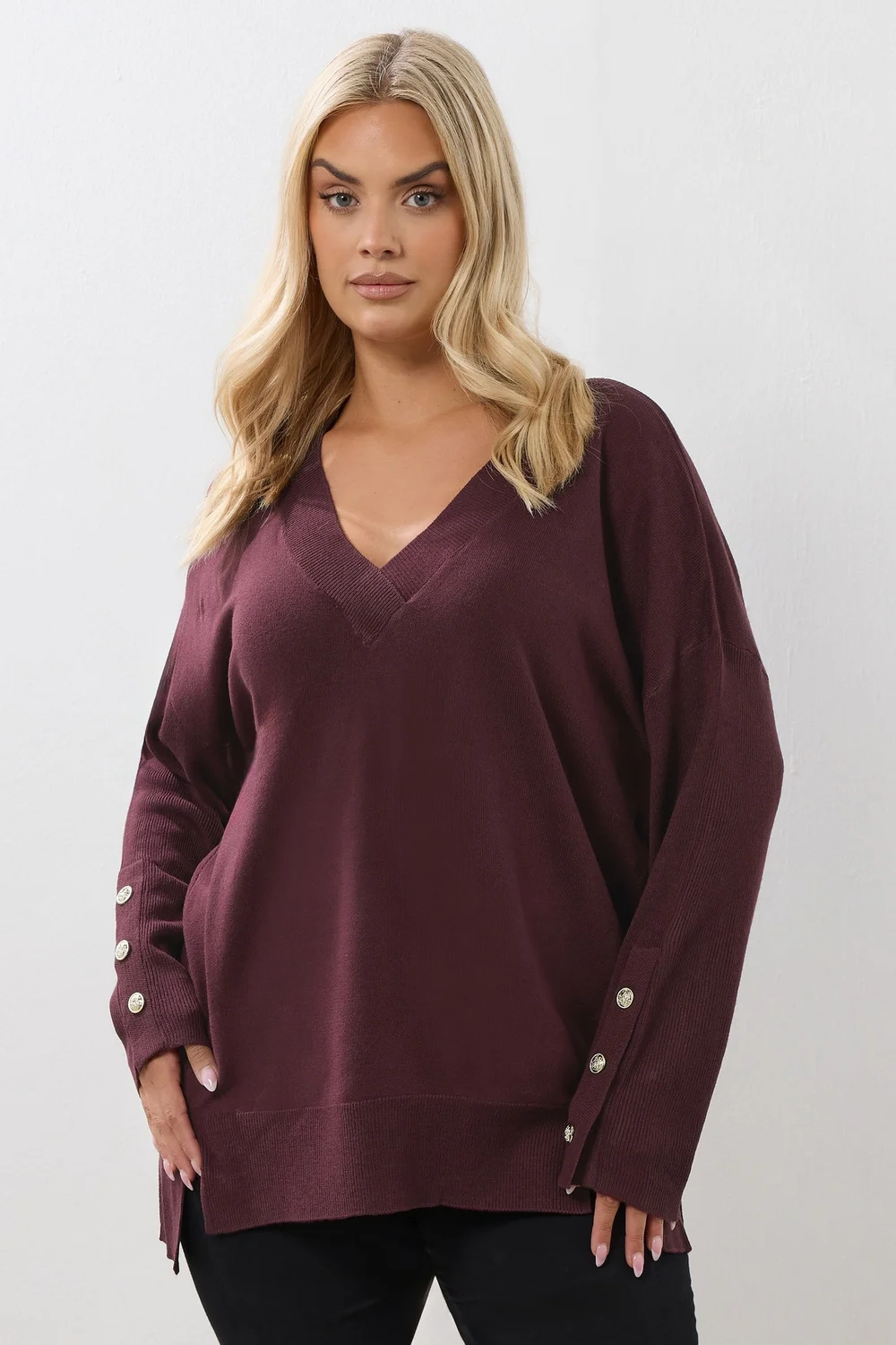 Yours Curve Purple Button V-Neck Jumper - Size 14-16 Image 1