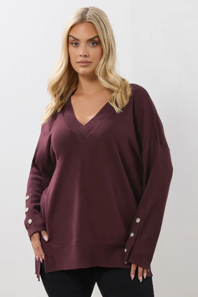 Yours Curve Purple Button V-Neck Jumper