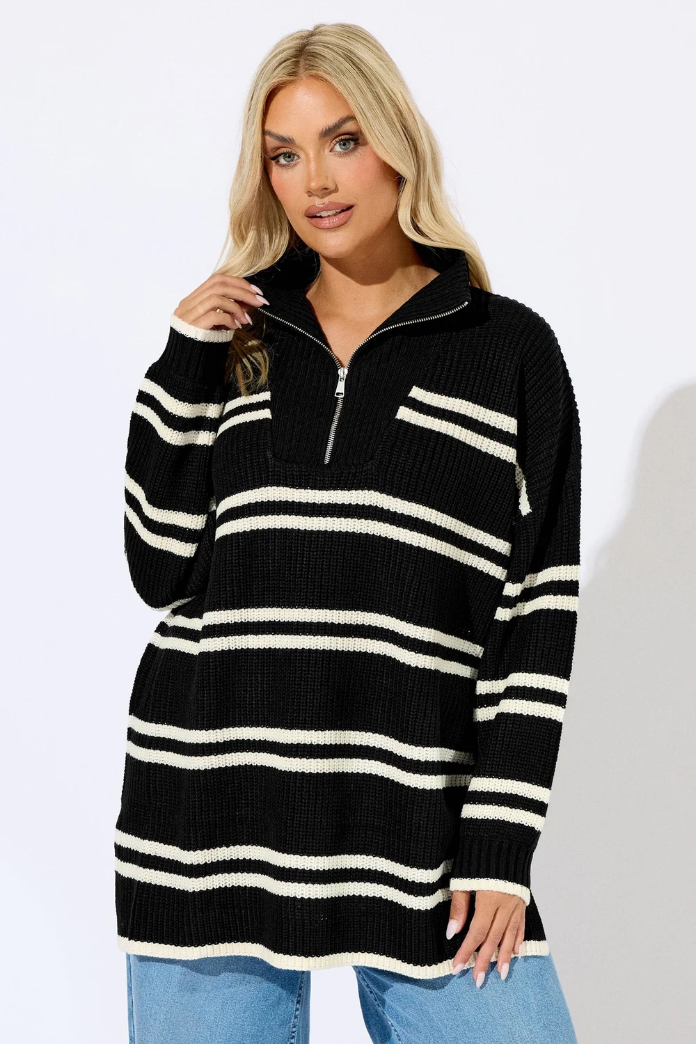 Yours Curve Black Stripe Quarter Zip Jumper - Size 18-20 Image 1