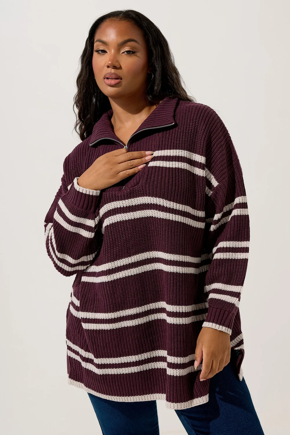 Yours Curve Red Stripe Quarter Zip Jumper - Size 22-24 Image 1