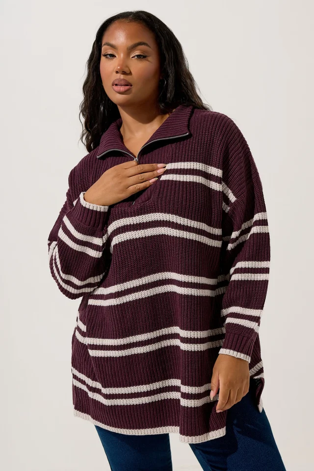 Yours Curve Red Stripe Quarter Zip Jumper
