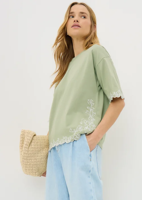 Sage Green Embroidered Boxy T-Shirt - Small Image 1