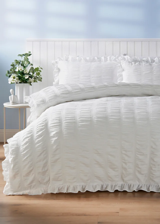 White Seersucker Frill Duvet Set
