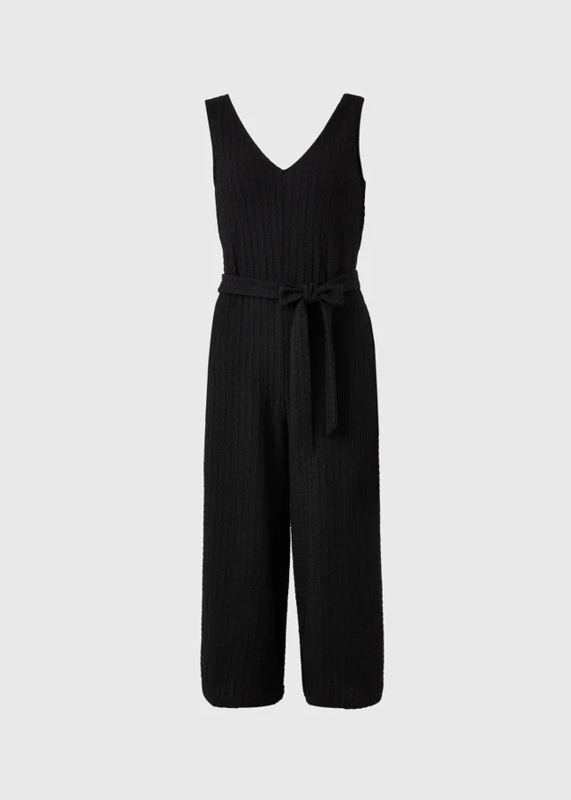 Black Crinkle Belted Culotte Jumpsuit