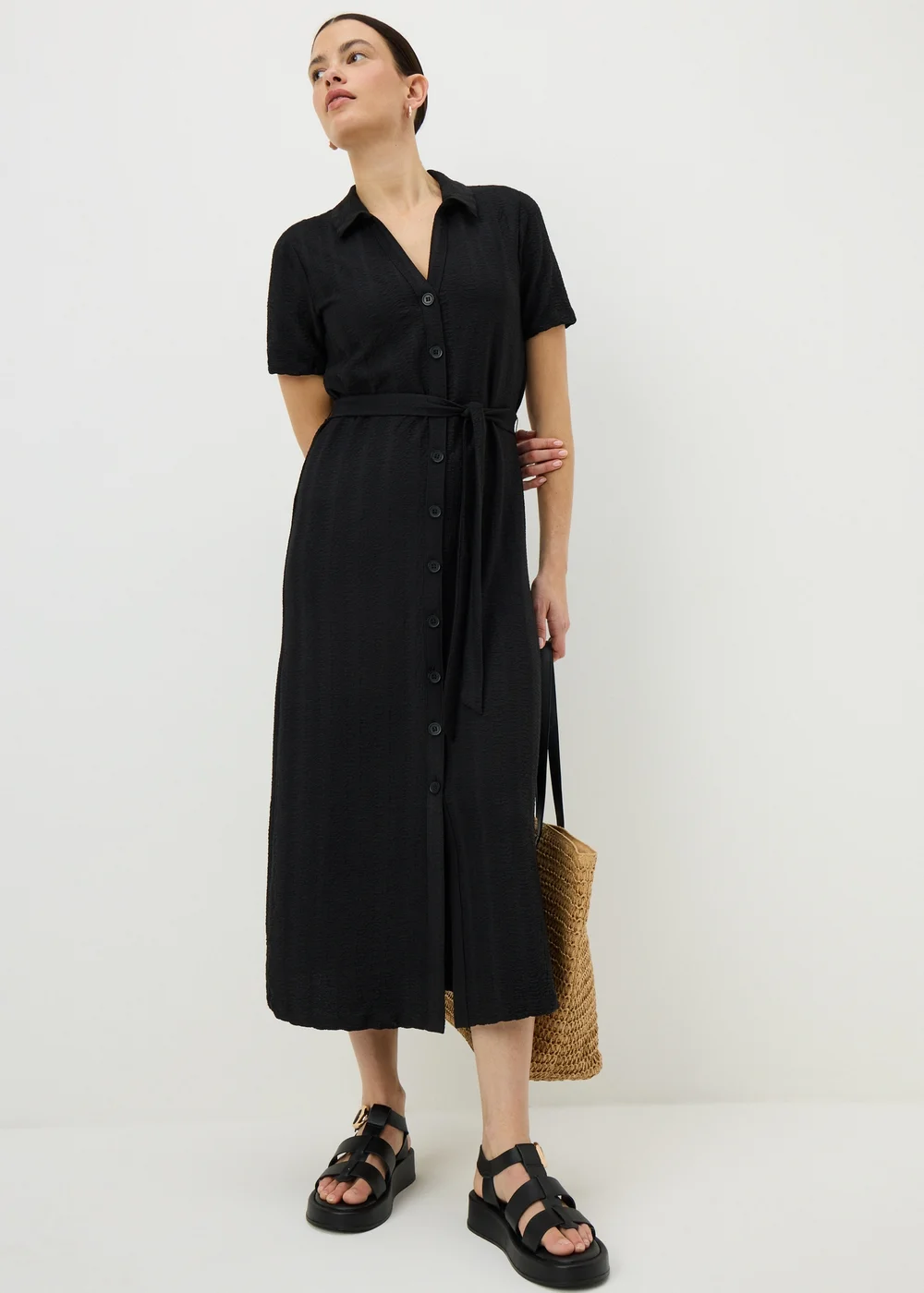 Black Textured Shirt Midi Dress - 8 Image 1