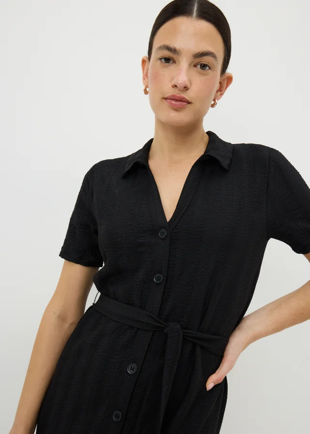 Black Textured Shirt Midi Dress
