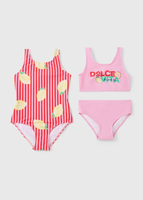 2 Pack Girls Multicolour Lemon Swimming Costumes (6-15yrs) - Age 6 - 7 Years Image 1