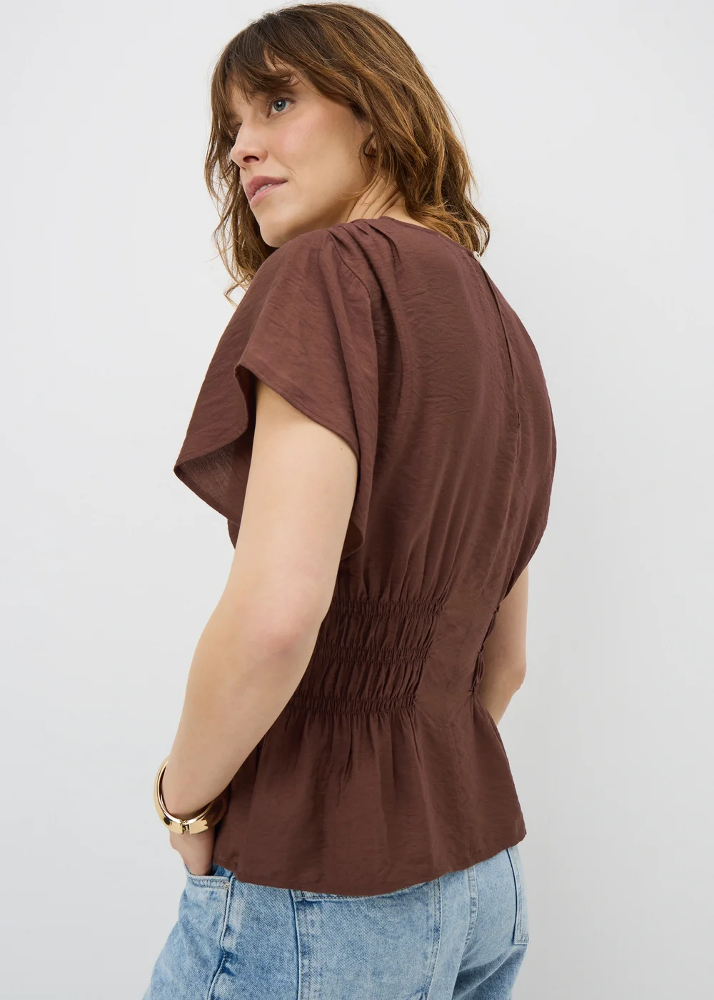 Chocolate Brown Cinched Waist Blouse - Size 8 Image 3