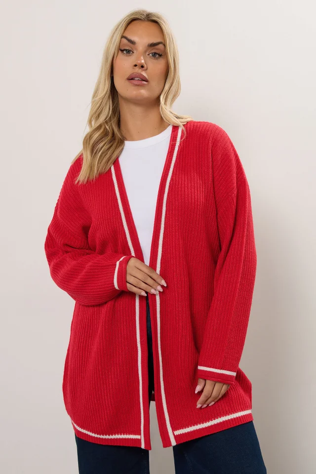 Yours Curve Red Contrast Tipping Knitted Cardigan