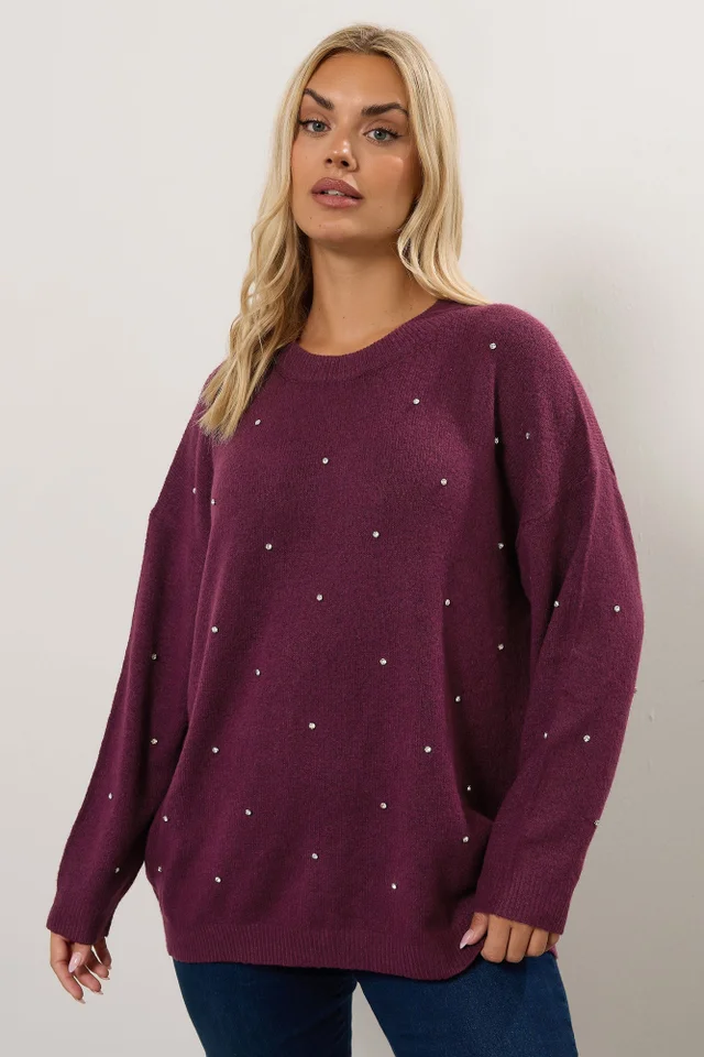 Yours Curve Burgundy Red Diamante Embellished Jumper