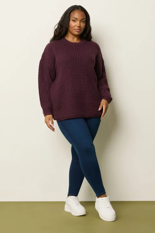 Yours Curve Dark Red Waffle Knit Jumper - Size 14-16 Image 4
