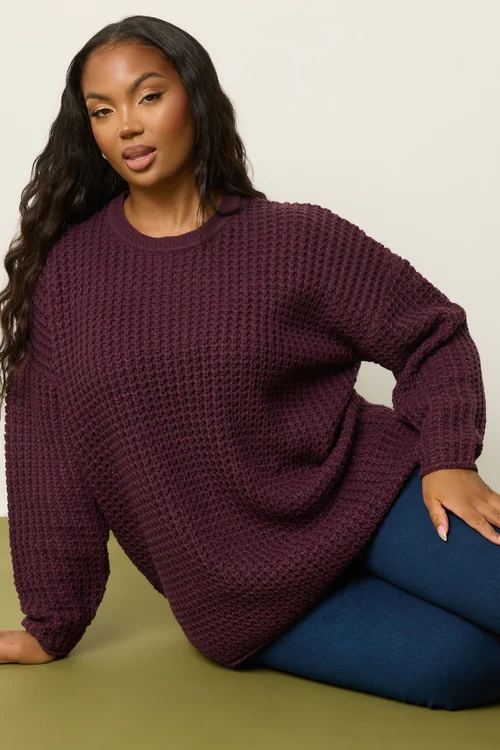 Yours Curve Dark Red Waffle Knit Jumper - Size 14-16 Image 3