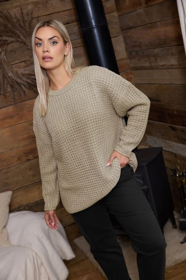 Yours Curve Natural Brown Waffle Knit Jumper