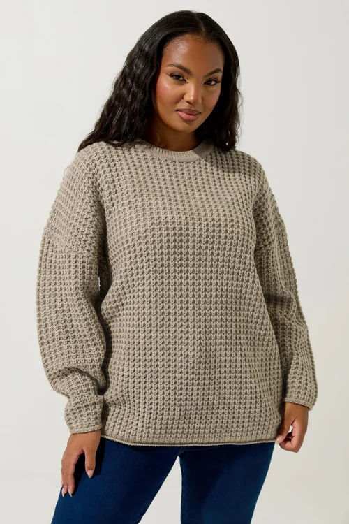 Yours Curve Natural Brown Waffle Knit Jumper - Size 34-36 Image 2