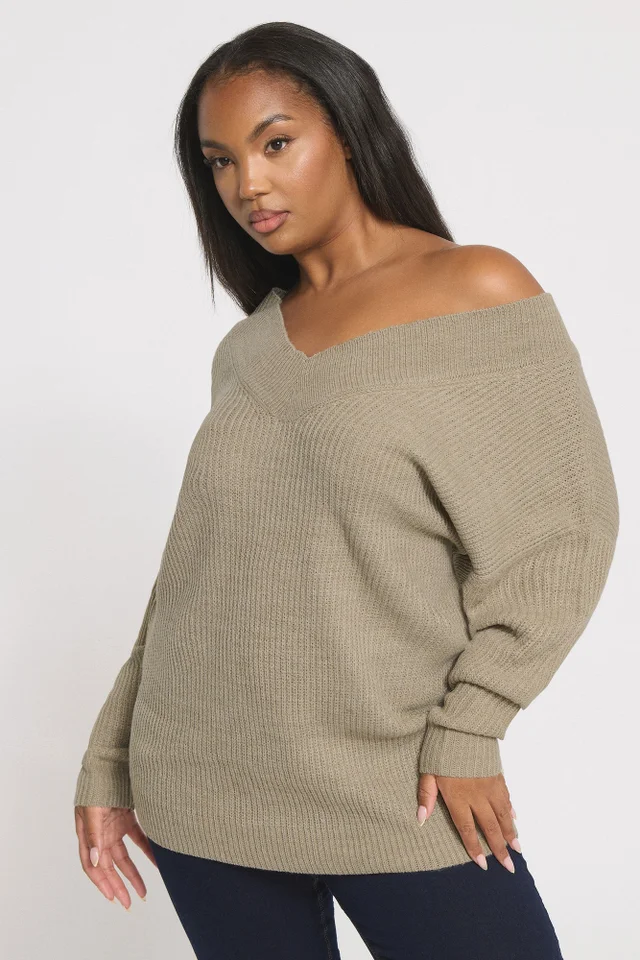 Yours Curve Natural Brown V-Neck Knitted Jumper