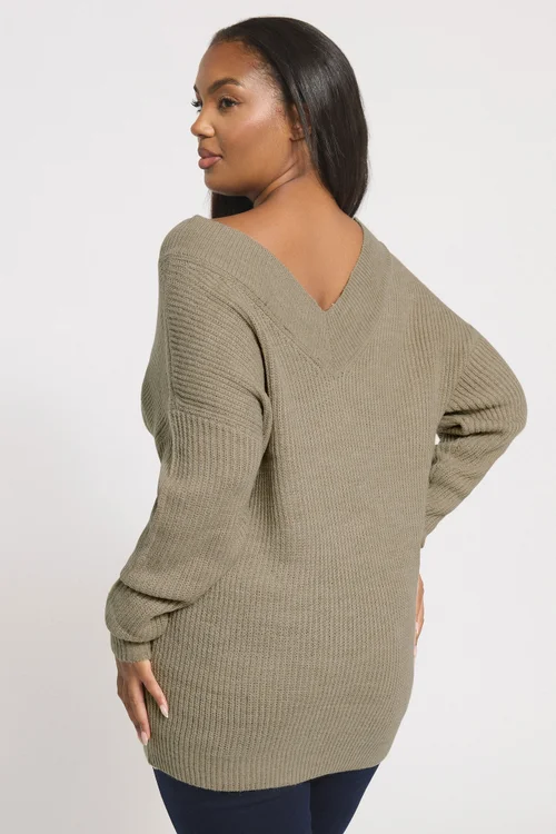 Yours Curve Natural Brown V-Neck Knitted Jumper - Size 26-28 Clothing Image 3