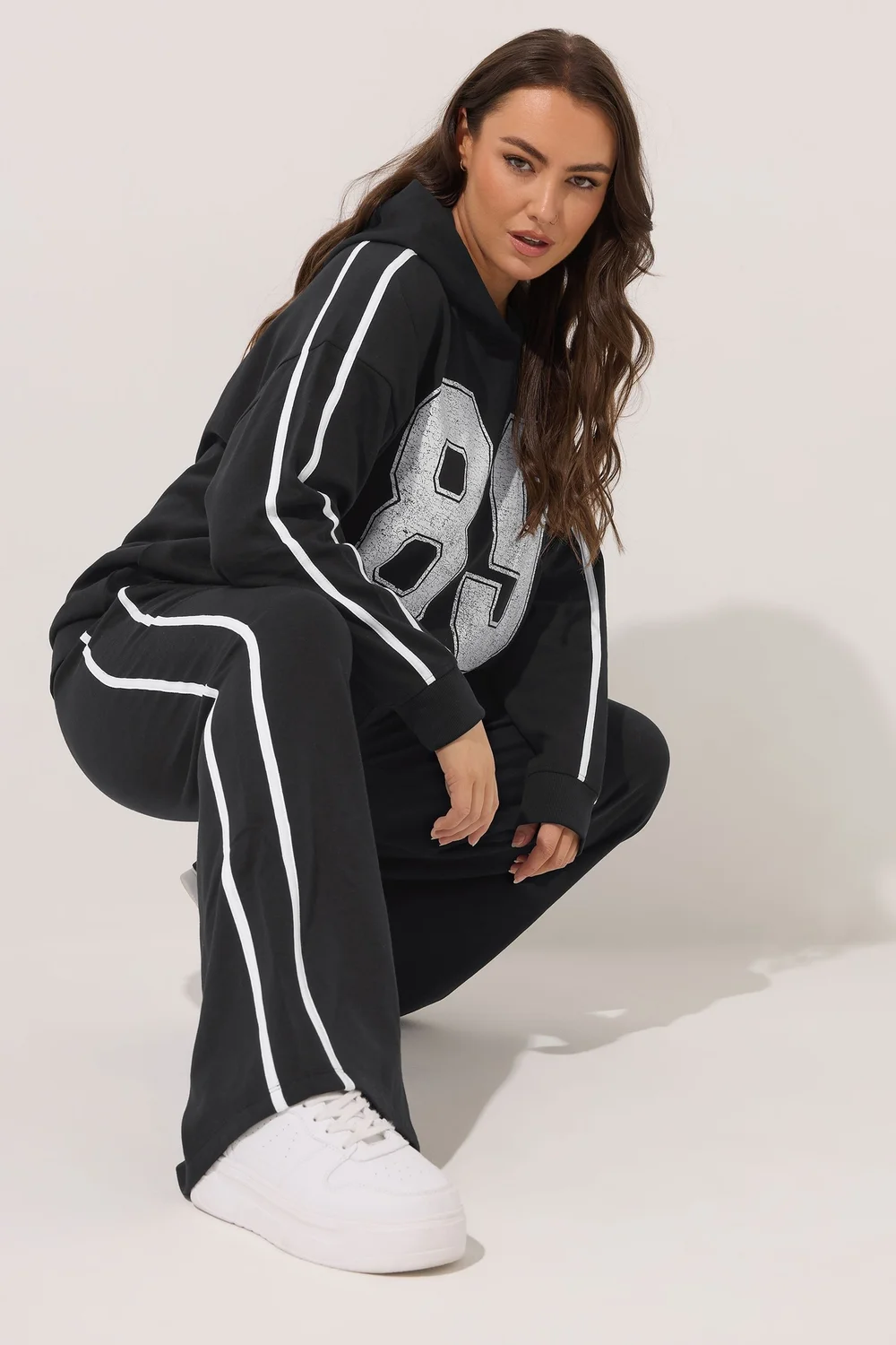 Yours Curve Black Wide Leg Side Stripe Joggers - 26-28 Image 1