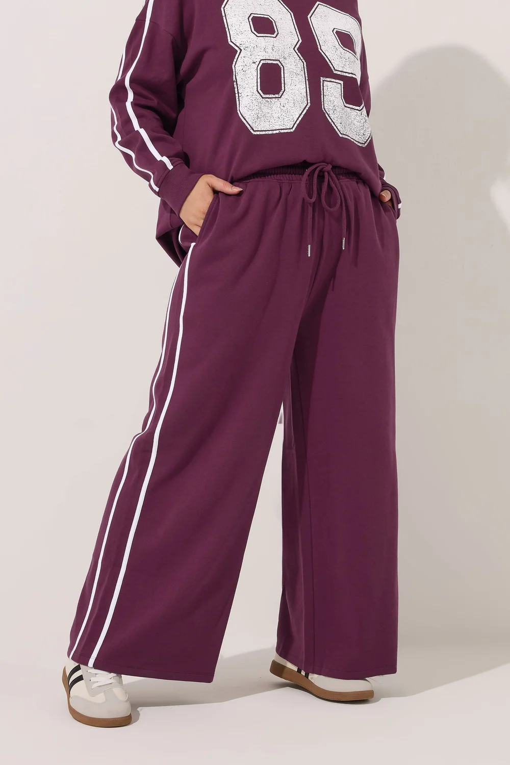 Yours Curve Burgundy Red Side Stripe Wide Leg Joggers - 20 Image 2