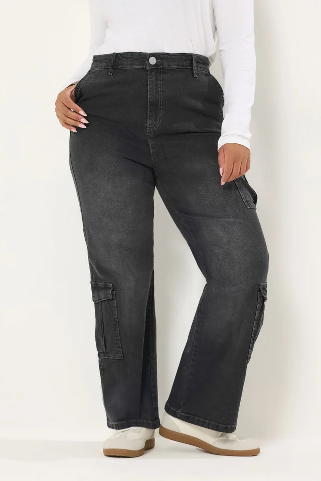 Yours Curve Black Washed Effect Cargo Jeans