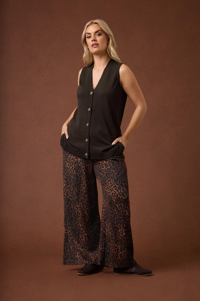 Yours Curve Brown Leopard Print Crinkle Wide Leg Trousers