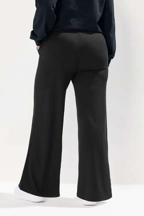 Yours Curve Black Ribbed Wide Leg Trousers - 34-36 Image 3