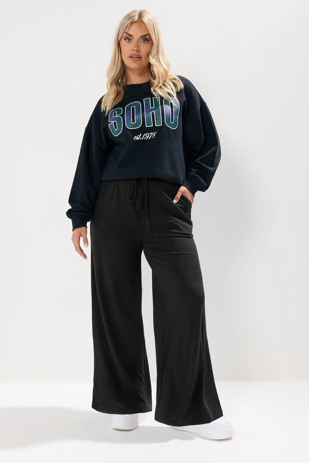 Yours Curve Black Ribbed Wide Leg Trousers - 34-36 Image 1