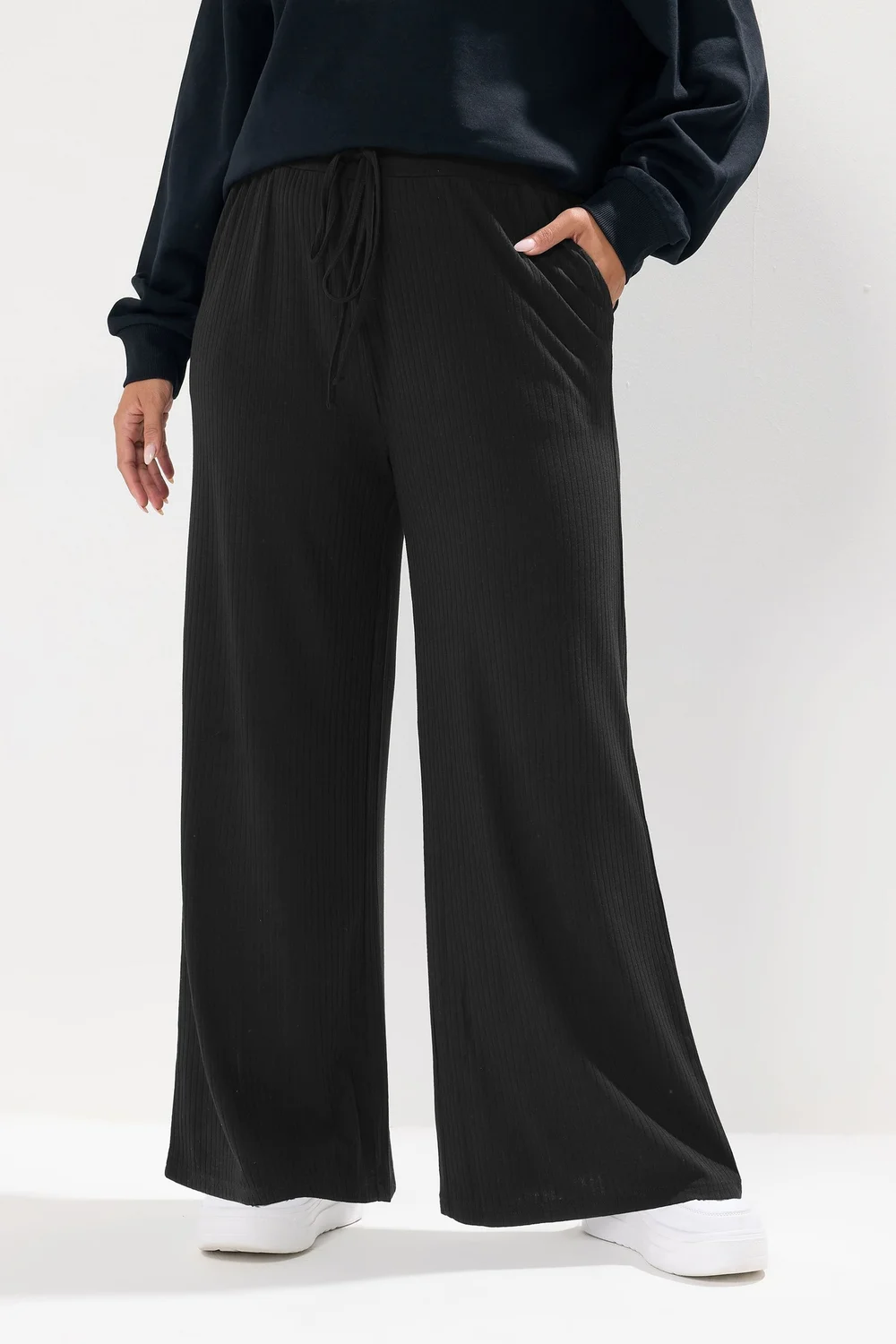 Yours Curve Black Ribbed Wide Leg Trousers - 34-36 Image 2