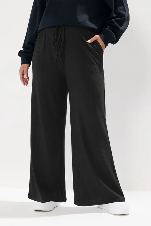 Yours Curve Black Ribbed Wide Leg Trousers - 34-36 Image 2