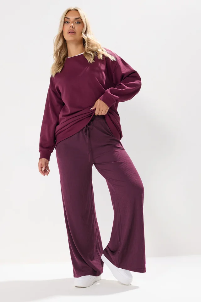 Yours Curve Burgundy Red Ribbed Wide Leg Trousers