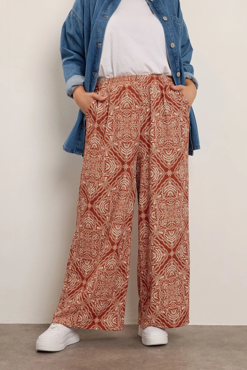 Yours Curve Rust Brown Paisley Crinkle Wide Leg Trousers - 26-28 Image 1