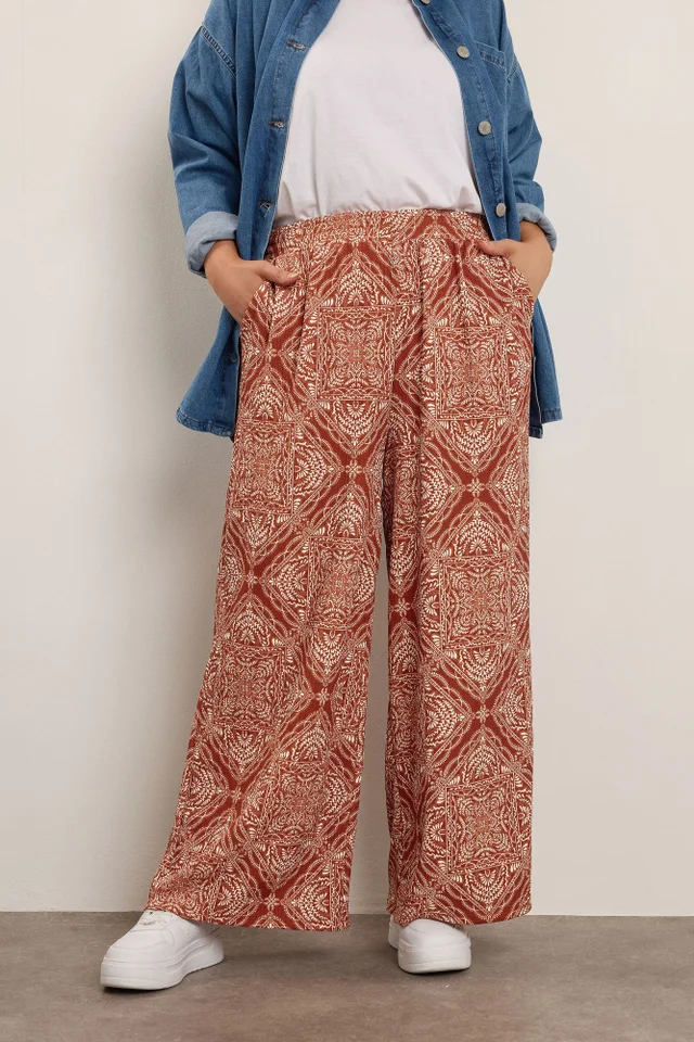 Yours Curve Rust Brown Paisley Crinkle Wide Leg Trousers