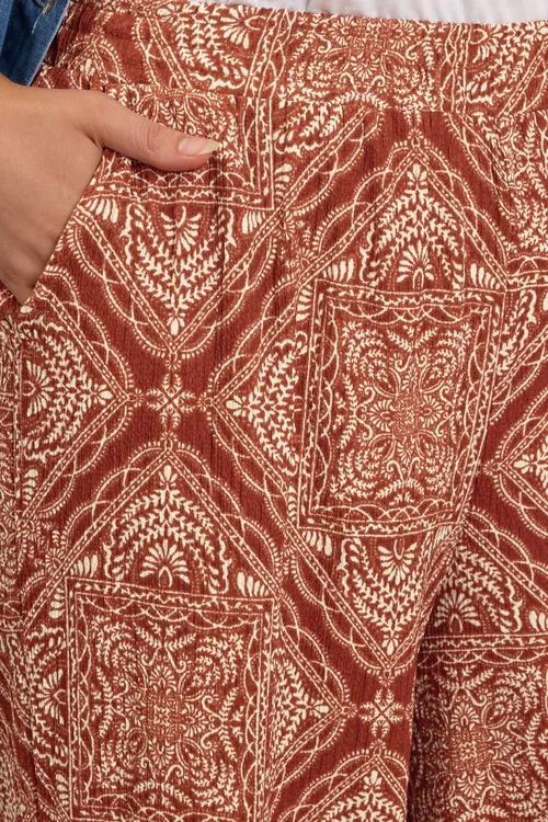 Yours Curve Rust Brown Paisley Crinkle Wide Leg Trousers - 26-28 Image 4