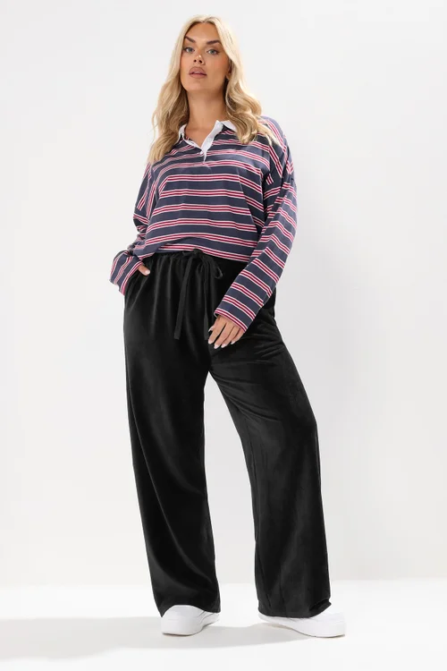Yours Curve Black Cord Drawstring Wide Leg Trousers - 30-32 Image 1