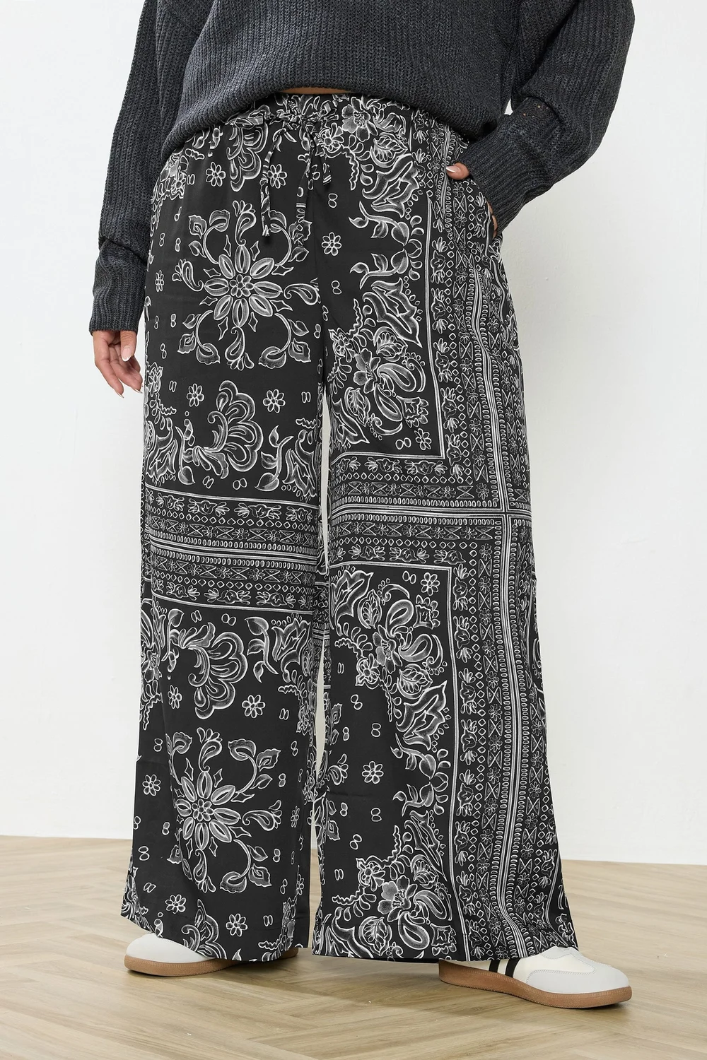 Yours Curve Black Paisley Wide Leg Trousers - 20 Image 1