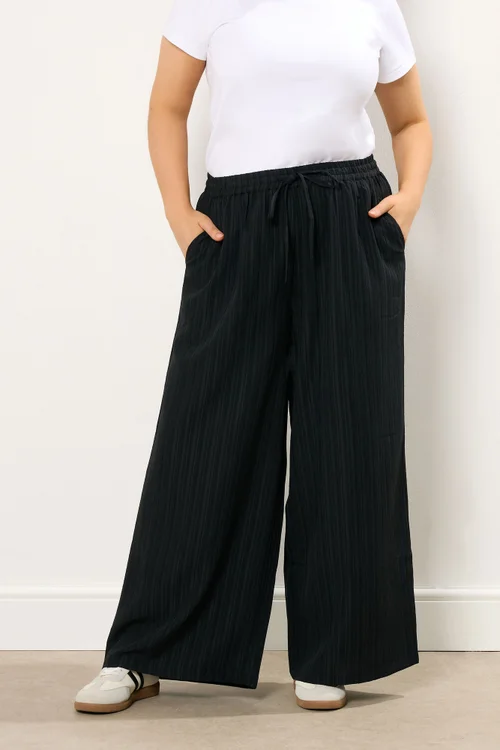 Yours Curve Black Crinkle Wide Leg Trousers - 18 Image 1